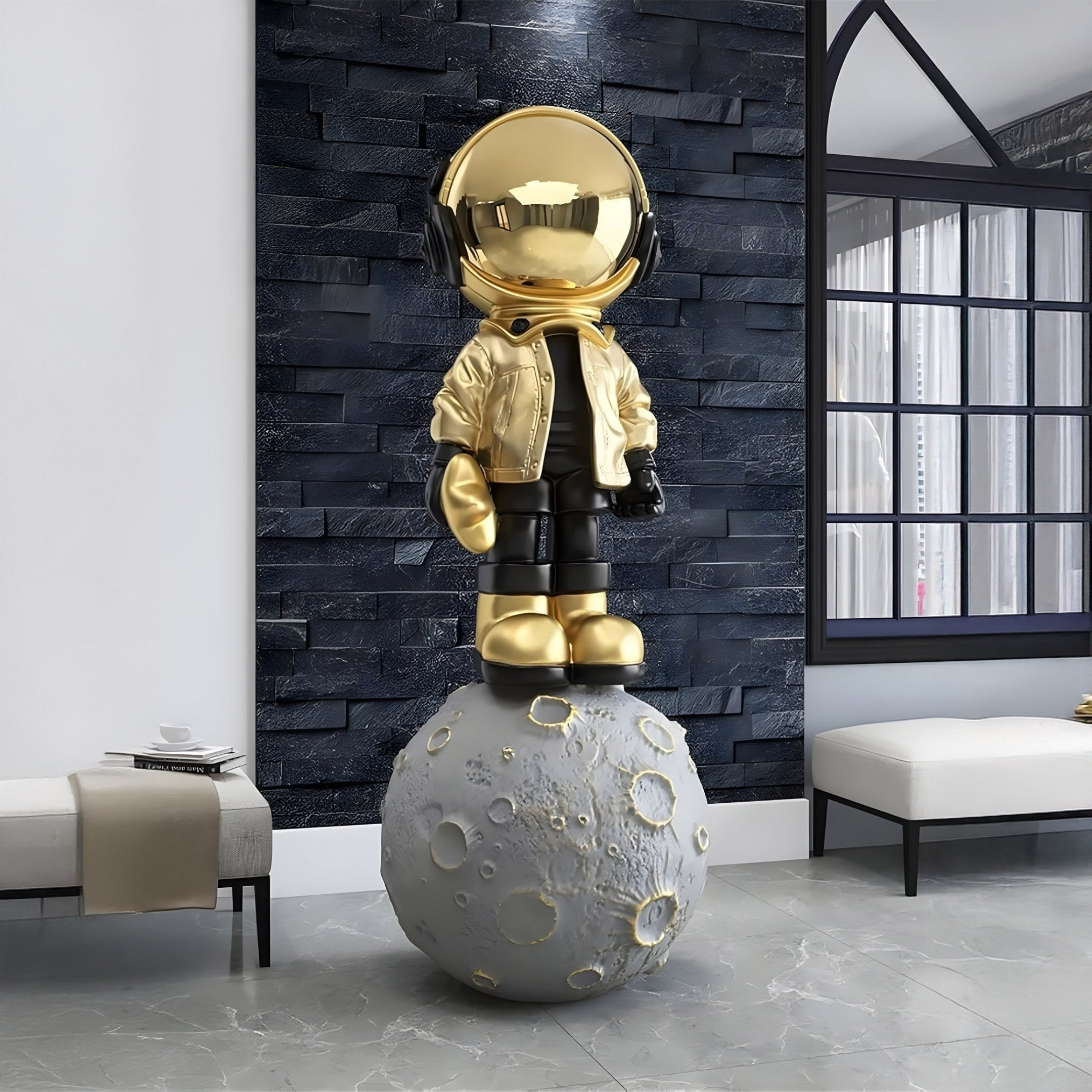 Large Celestial Gold Astronaut Beats On Moon Sculpture - 140cm