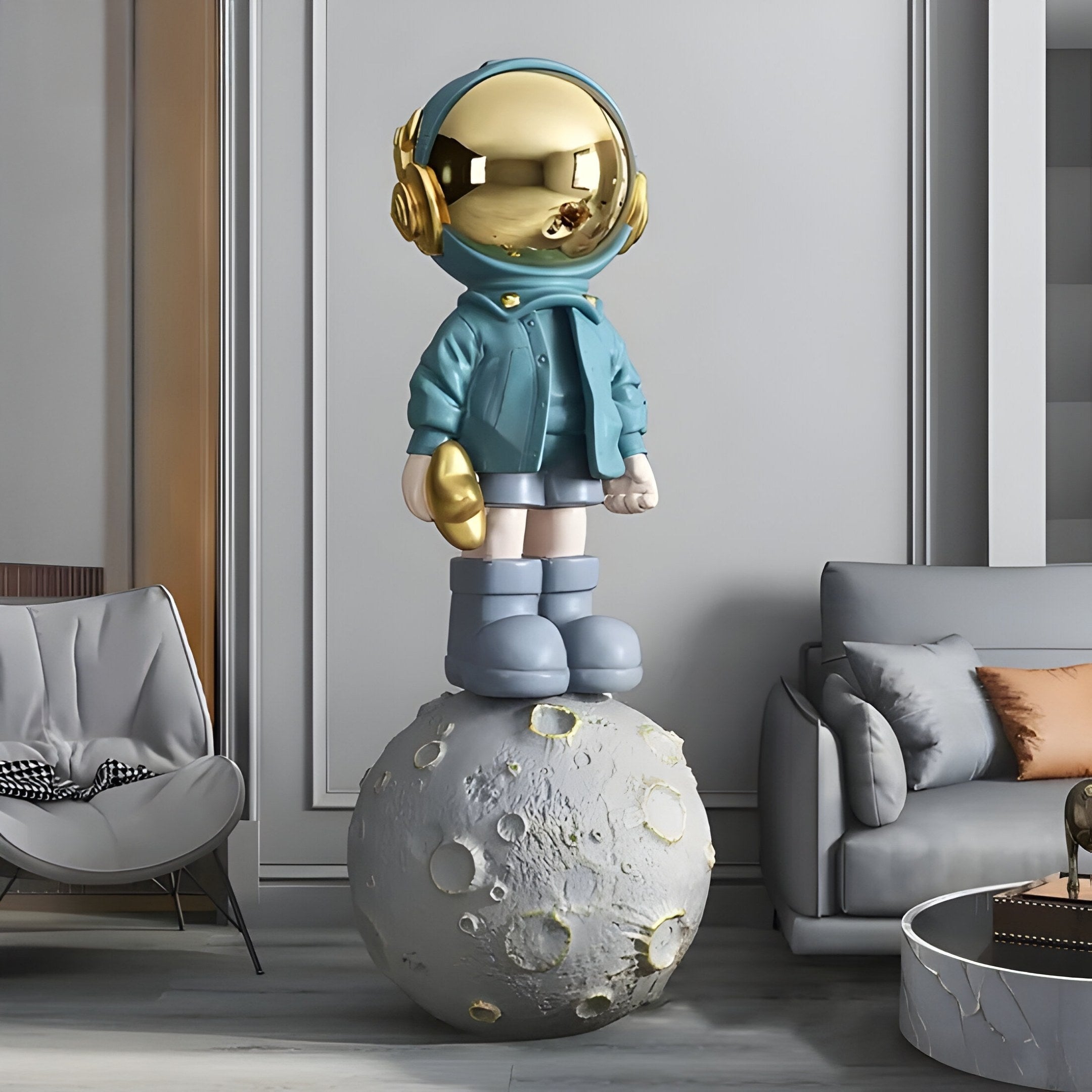 LARGE GALACTIC BLUE ASTRONAUT BEATS ON MOON SCULPTURE - 140CM