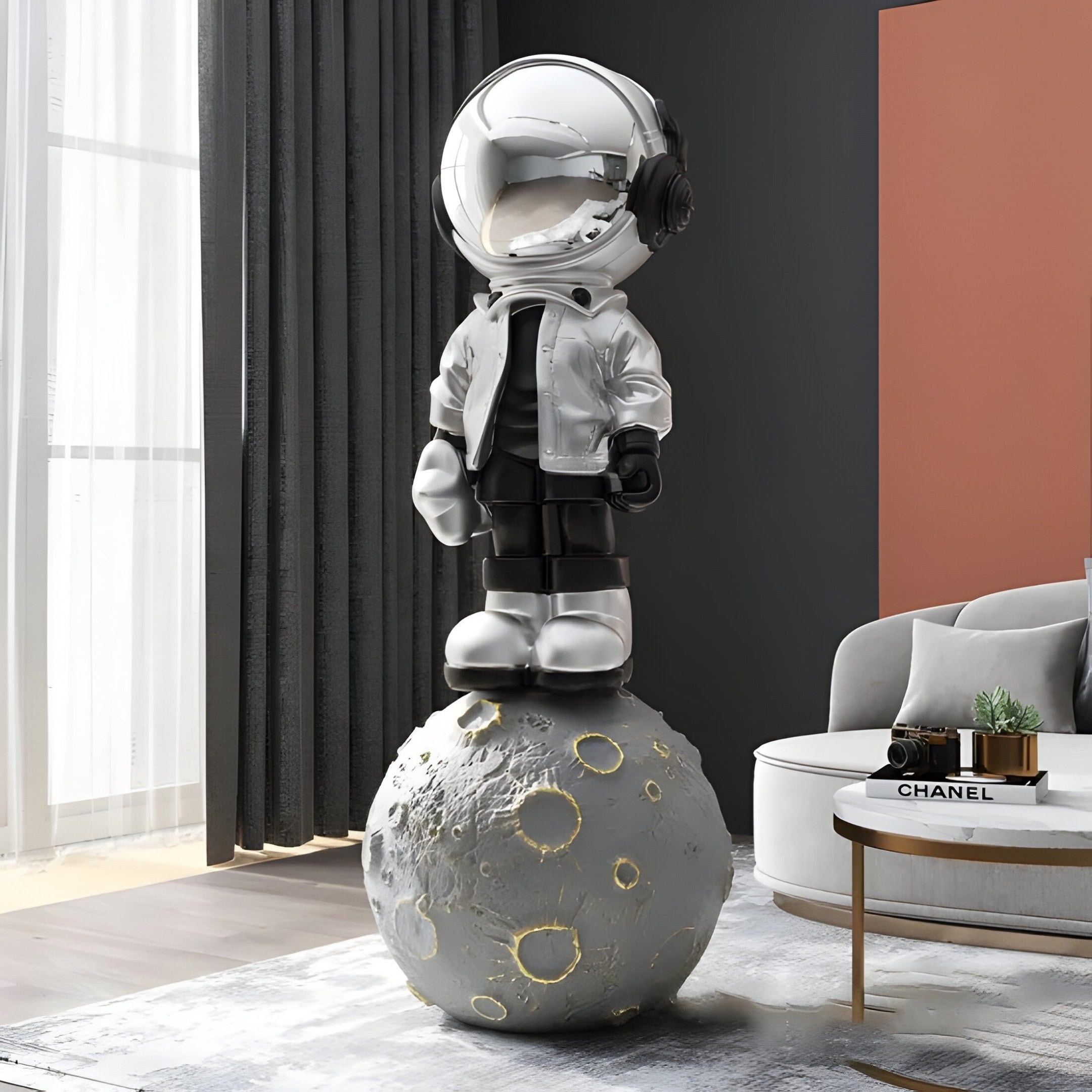 LARGE LUNAR SILVER ASTRONAUT BEATS ON MOON SCULPTURE - 140CM