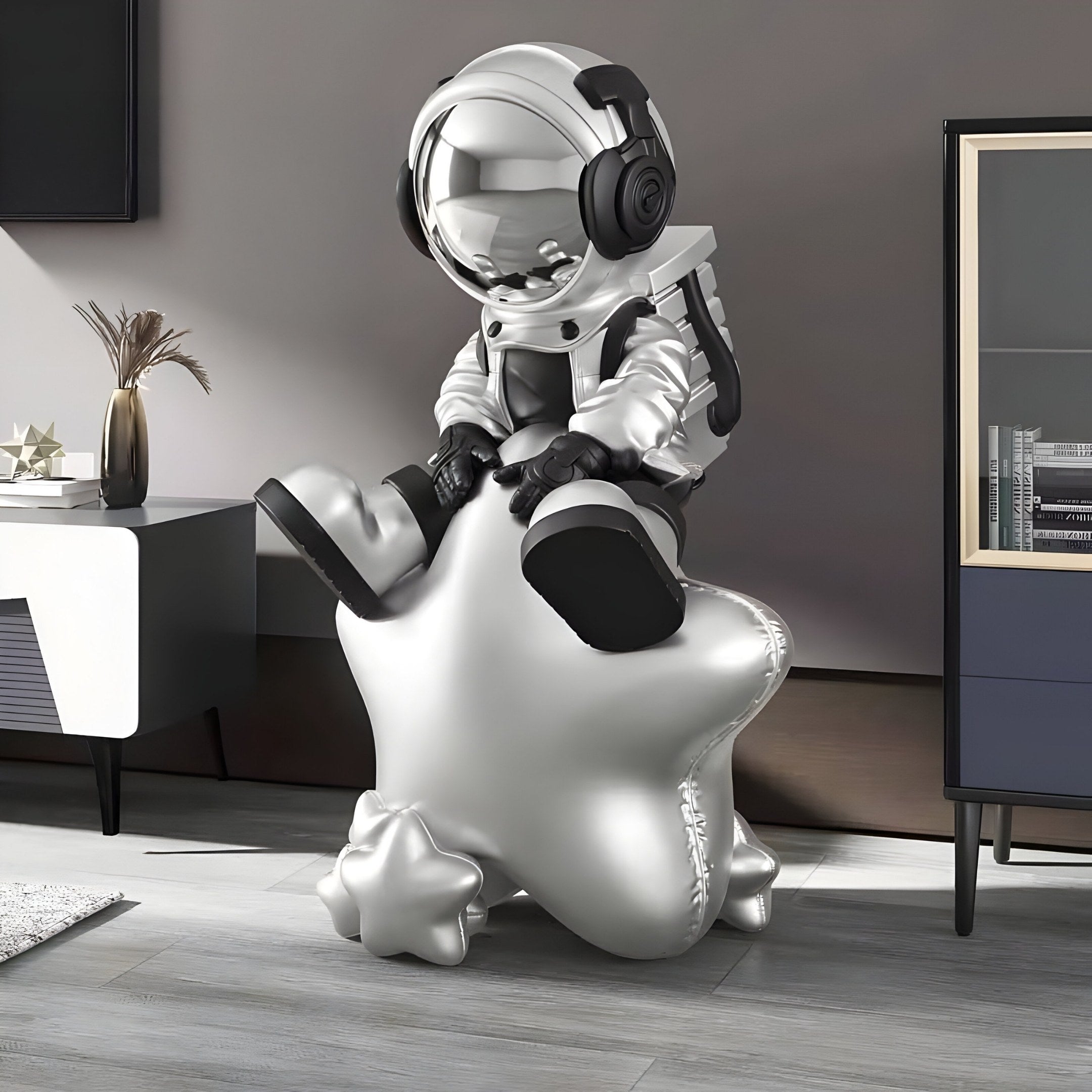 MEDIUM ASTRAL SILVER ASTRONAUT BEATS ON STAR SCULPTURE - 90CM
