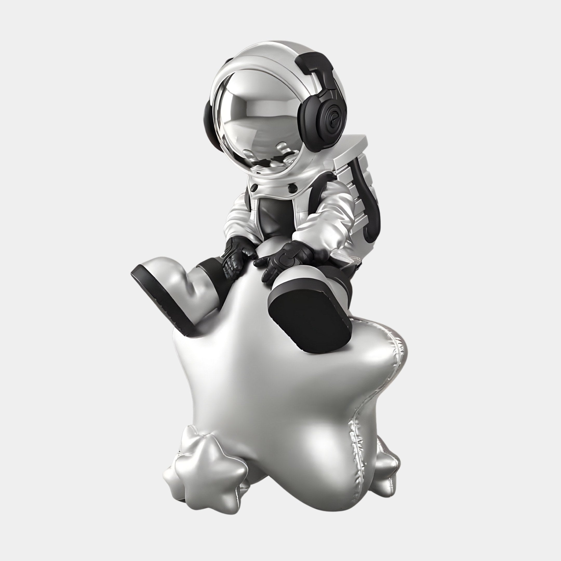 MEDIUM ASTRAL SILVER ASTRONAUT BEATS ON STAR SCULPTURE - 90CM